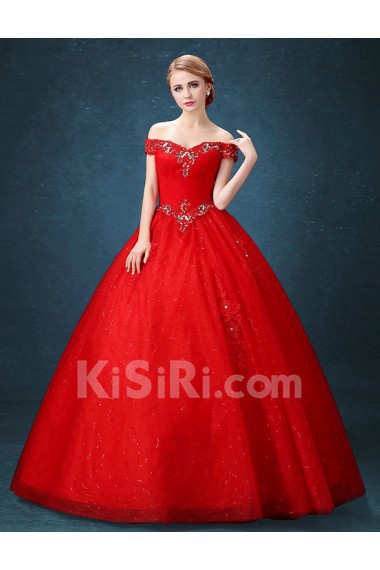 Tulle Off-the-Shoulder Floor Length Ball Gown Dress with Rhinestone