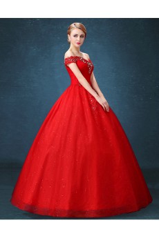 Tulle Off-the-Shoulder Floor Length Ball Gown Dress with Rhinestone