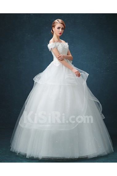 Lace Off-the-Shoulder Floor Length Ball Gown Dress with Handmade Flowers