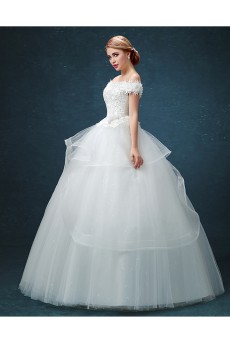 Lace Off-the-Shoulder Floor Length Ball Gown Dress with Handmade Flowers