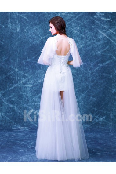 Organza Jewel Floor Length Short Sleeve A-line Dress with Pearl