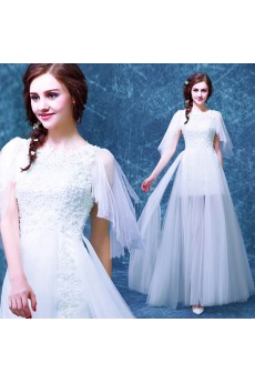 Organza Jewel Floor Length Short Sleeve A-line Dress with Pearl