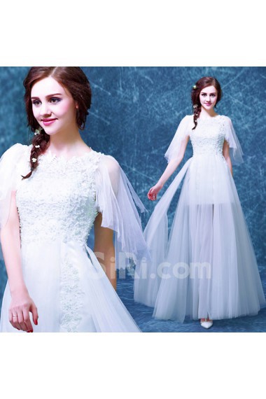 Organza Jewel Floor Length Short Sleeve A-line Dress with Pearl
