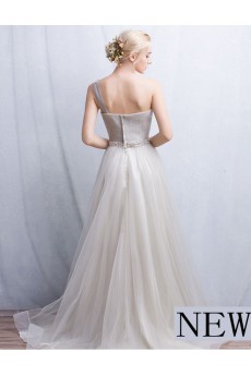 Tulle, Lace One-shoulder Floor Length Sleeveless A-line Dress with Rhinestone
