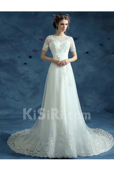 Tulle, Lace Bateau Chapel Train Short Sleeve A-line Dress with Bow