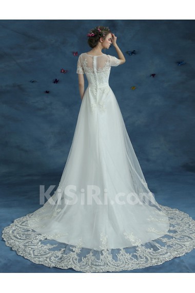 Tulle, Lace Bateau Chapel Train Short Sleeve A-line Dress with Bow