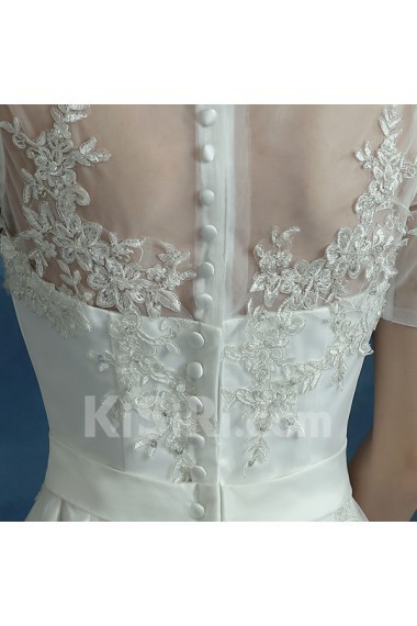 Tulle, Lace Bateau Chapel Train Short Sleeve A-line Dress with Bow