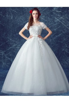 Tulle Scoop Floor Length Short Sleeve Ball Gown Dress with Rhinestone, Bow