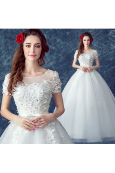 Tulle Scoop Floor Length Short Sleeve Ball Gown Dress with Rhinestone, Bow