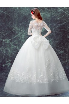 Organza V-neck Floor Length Half Sleeve Ball Gown Dress with Embroidered, Bow