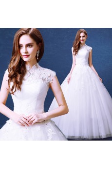 Lace, Tulle High Collar Floor Length Cap Sleeve Ball Gown Dress with Rhinestone