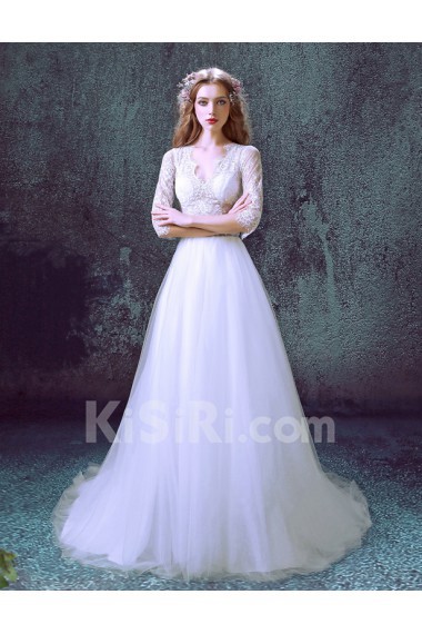 Lace, Tulle V-neck Sweep Train Half Sleeve A-line Dress with Sash, Beads