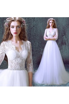 Lace, Tulle V-neck Sweep Train Half Sleeve A-line Dress with Sash, Beads