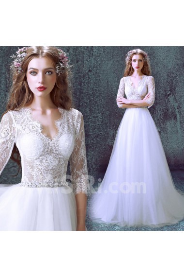 Lace, Tulle V-neck Sweep Train Half Sleeve A-line Dress with Sash, Beads
