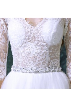 Lace, Tulle V-neck Sweep Train Half Sleeve A-line Dress with Sash, Beads