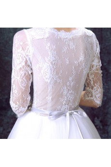 Lace, Tulle V-neck Sweep Train Half Sleeve A-line Dress with Sash, Beads