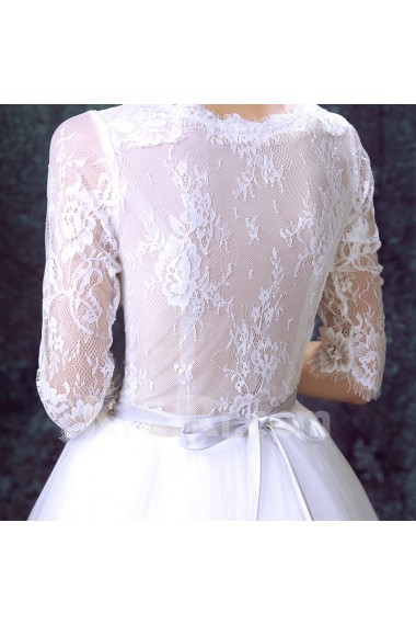 Lace, Tulle V-neck Sweep Train Half Sleeve A-line Dress with Sash, Beads