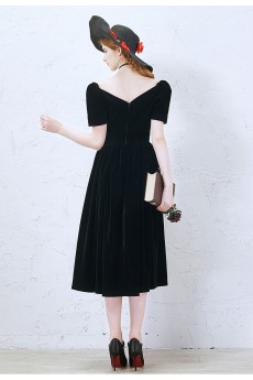 Velvet V-neck Tea-Length Short Sleeve A-line Dress