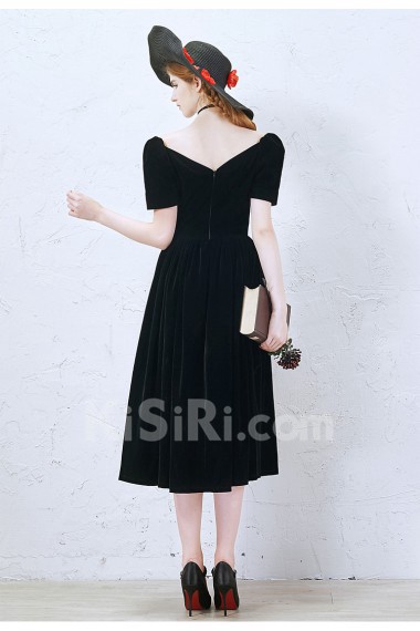 Velvet V-neck Tea-Length Short Sleeve A-line Dress