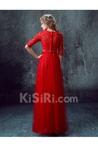 Lace, Tulle Bateau Floor Length Half Sleeve A-line Dress with Sash, Rhinestone