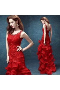 Lace, Organza Scoop Sweep Train Sleeveless Mermaid Dress with Rhinestone