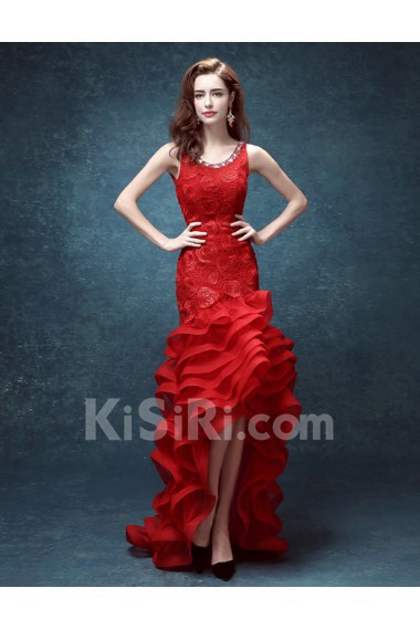 Lace, Organza Scoop Sweep Train Sleeveless Mermaid Dress with Rhinestone