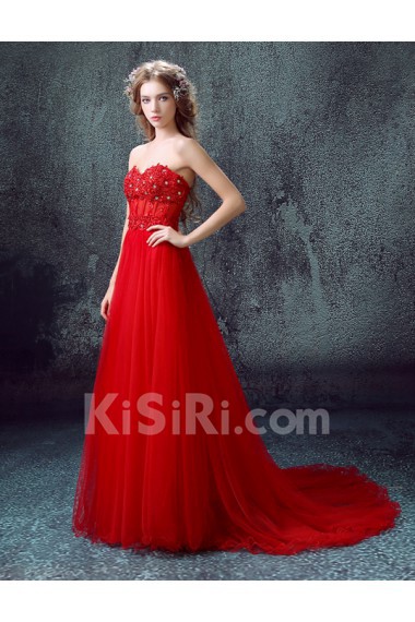 Lace, Chiffon, Tulle Sweetheart Sweep Train Sleeveless Sheath Dress with Rhinestone