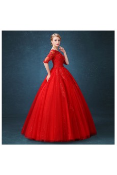Lace, Net Off-the-Shoulder Floor Length Half Sleeve Ball Gown Dress with Sequins