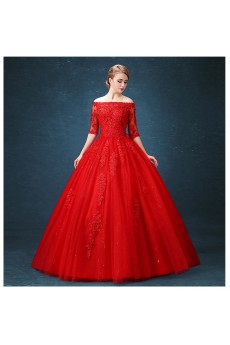 Lace, Net Off-the-Shoulder Floor Length Half Sleeve Ball Gown Dress with Sequins