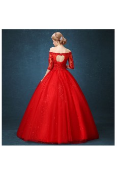 Lace, Net Off-the-Shoulder Floor Length Half Sleeve Ball Gown Dress with Sequins