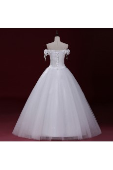 Lace, Tulle Off-the-Shoulder Floor Length Short Sleeve Ball Gown Dress with Handmade Flowers, Rhinestone