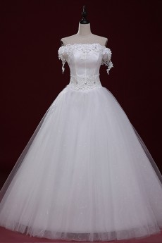 Lace, Tulle Off-the-Shoulder Floor Length Short Sleeve Ball Gown Dress with Handmade Flowers, Rhinestone
