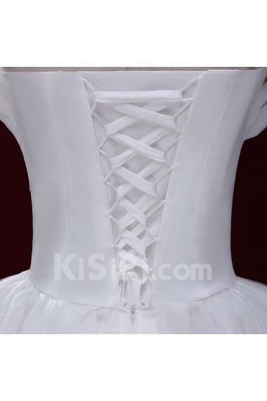 Tulle Scallop Floor Length Sleeveless Ball Gown Dress with Bow, Rhinestone