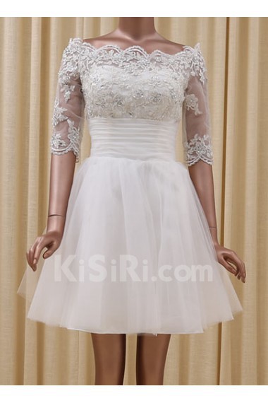 Tulle, Satin Off-the-Shoulder Mini/Short Half Sleeve A-line Dress with Sequins, Rhinestone