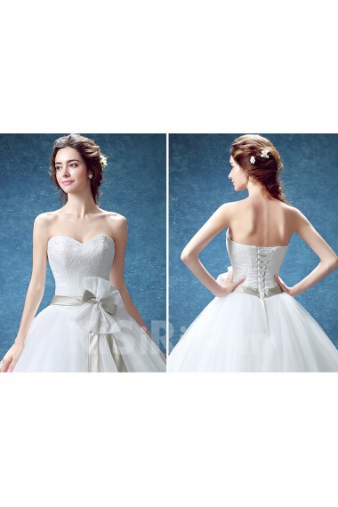 Lace, Tulle, Satin Sweetheart Floor Length Sleeveless Ball Gown Dress with Bow