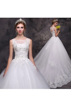 Lace Scoop Chapel Train Sleeveless Ball Gown Dress with Beads