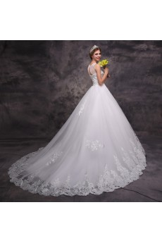 Lace Scoop Chapel Train Sleeveless Ball Gown Dress with Beads