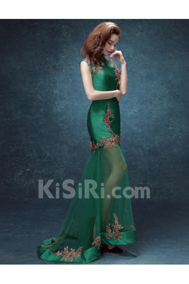 Satin, Tulle High Collar Sweep Train Cap Sleeve Mermaid Dress with Rhinestone, Applique