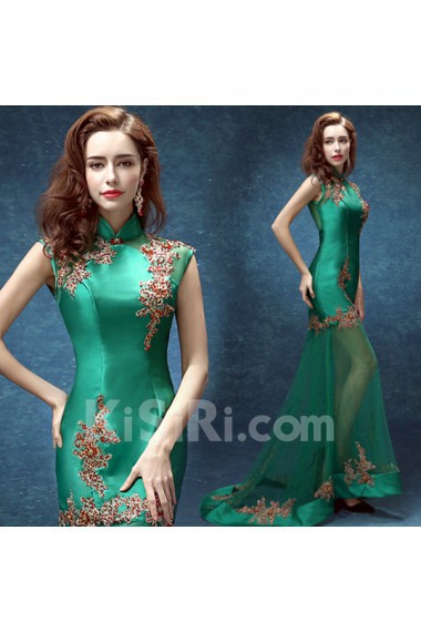 Satin, Tulle High Collar Sweep Train Cap Sleeve Mermaid Dress with Rhinestone, Applique