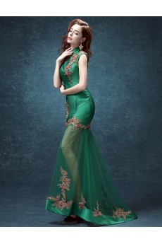 Satin, Tulle High Collar Sweep Train Cap Sleeve Mermaid Dress with Rhinestone, Applique