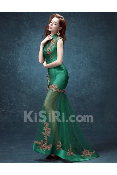 Satin, Tulle High Collar Sweep Train Cap Sleeve Mermaid Dress with Rhinestone, Applique