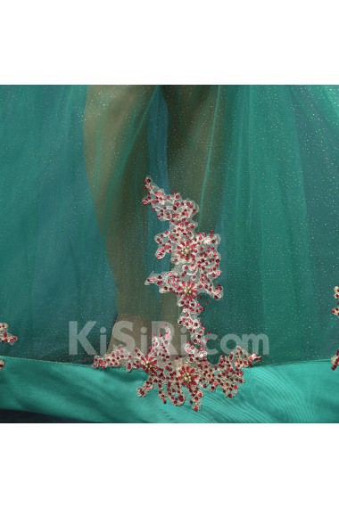 Satin, Tulle High Collar Sweep Train Cap Sleeve Mermaid Dress with Rhinestone, Applique