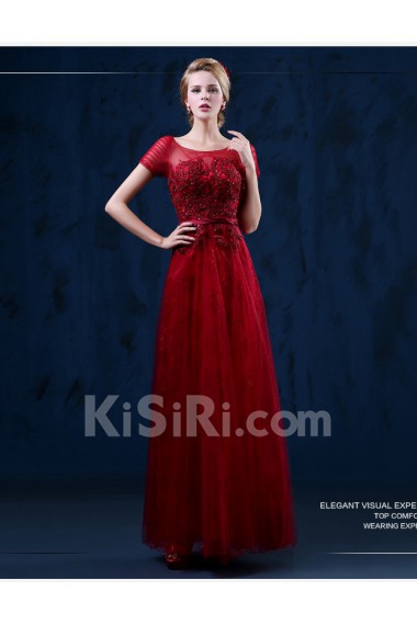 Tulle, Lace Scoop Floor Length Short Sleeve A-line Dress with Sash, Sequins