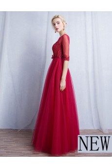 Tulle, Lace Bateau Floor Length Half Sleeve A-line Dress with Bow