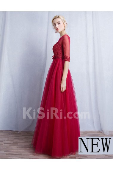Tulle, Lace Bateau Floor Length Half Sleeve A-line Dress with Bow