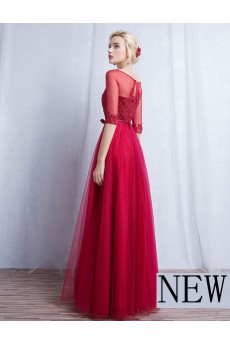 Tulle, Lace Bateau Floor Length Half Sleeve A-line Dress with Bow