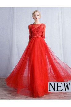 Tulle, Lace Bateau Floor Length Half Sleeve A-line Dress with Bow
