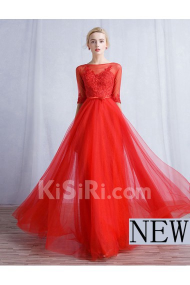 Tulle, Lace Bateau Floor Length Half Sleeve A-line Dress with Bow