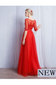 Tulle, Lace Bateau Floor Length Half Sleeve A-line Dress with Bow