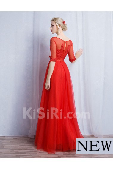 Tulle, Lace Bateau Floor Length Half Sleeve A-line Dress with Bow